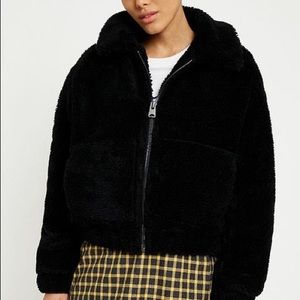 Urban Outfitters Cropped Teddy Jacket - Black